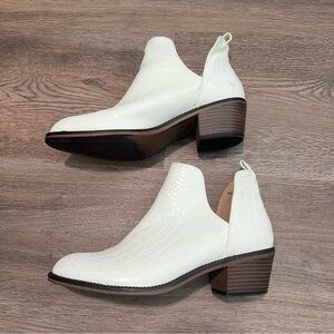 Western women's ankle booties with a white crocodile-embossed faux-leather
